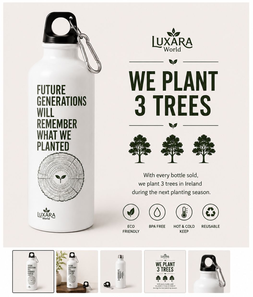 Reusable stainless steel water bottle supporting the Rooted for Generations initiative in Ireland