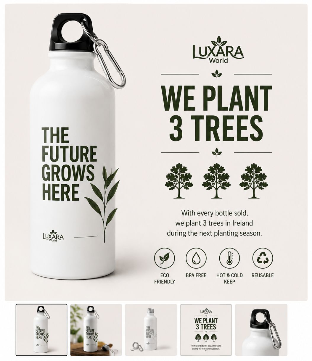 Reusable stainless steel water bottle supporting the Rooted for Generations initiative in Ireland