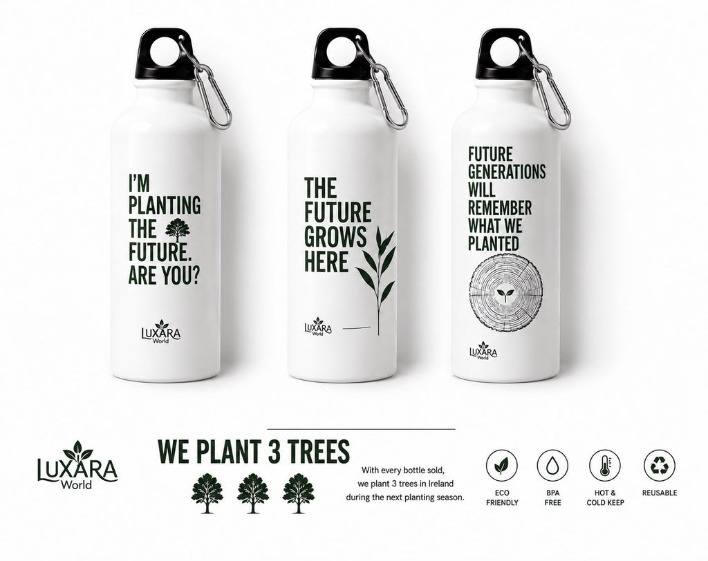 Reusable stainless steel water bottle supporting the Rooted for Generations initiative in Ireland