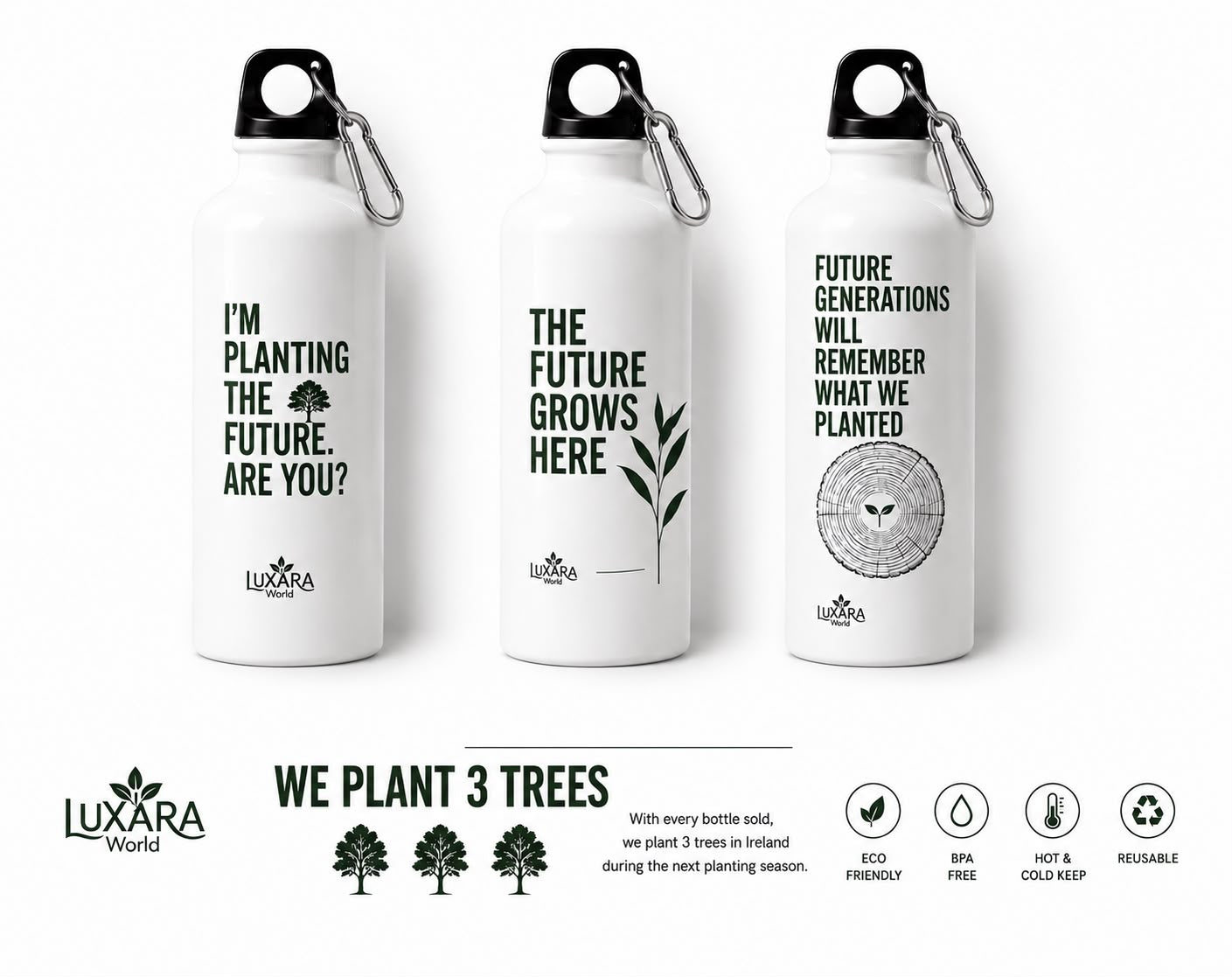Reusable stainless steel water bottle supporting the Rooted for Generations initiative in Ireland