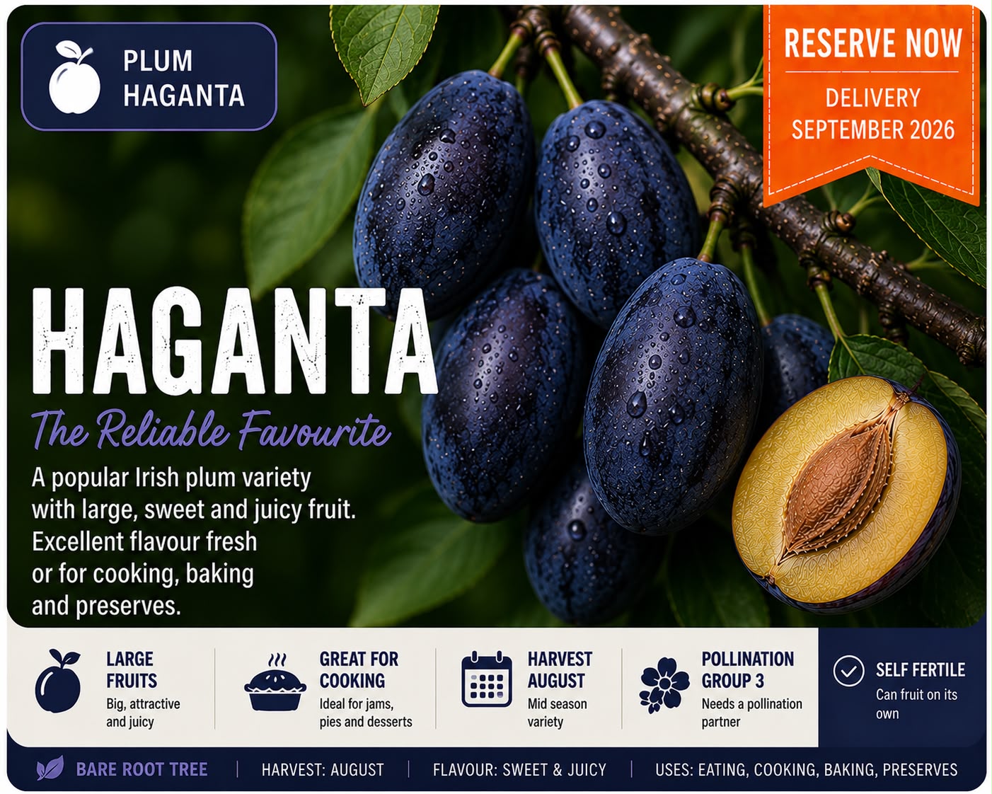 Plum Tree “Haganta” — Bare Root Pre-Order for September Delivery