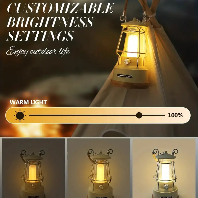 Vintage Rechargeable Camping Lantern - Dimmable LED, Waterproof Retro Light
