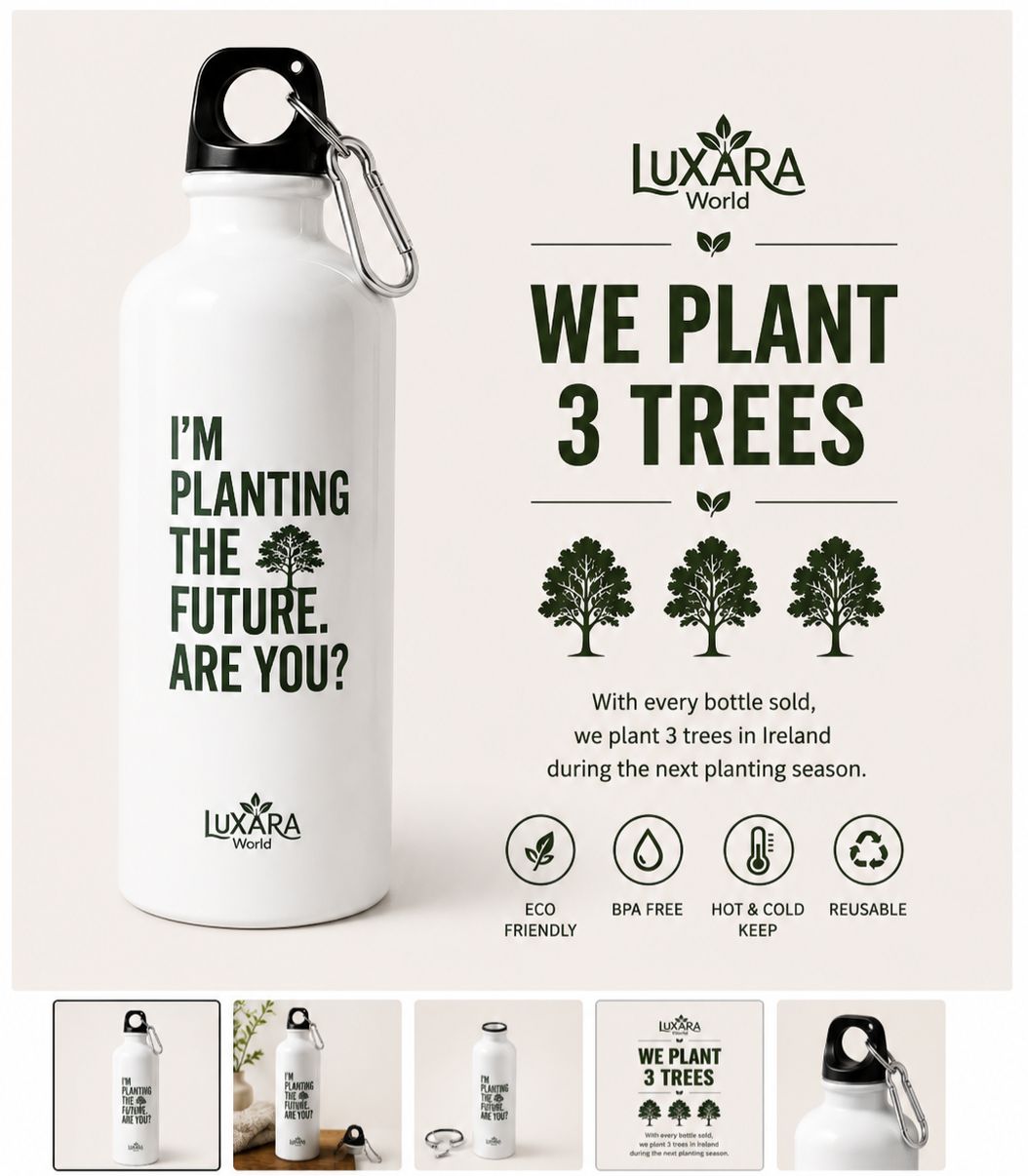 Reusable stainless steel water bottle supporting the Rooted for Generations initiative in Ireland